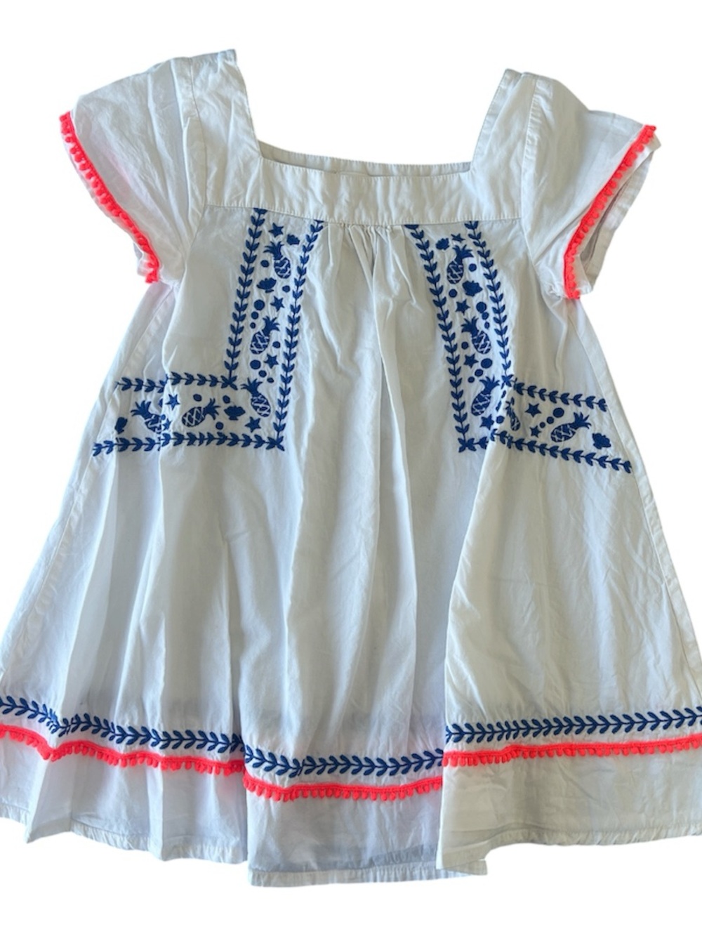 Boden White Girls' Dress with Blue Embroidery